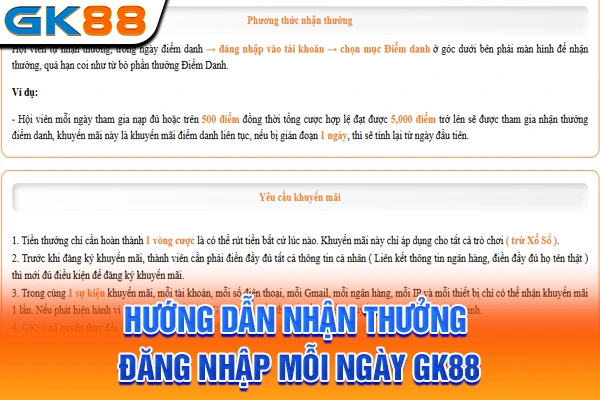 Hướng dẫn nhận thưởng đăng nhập mỗi ngày GK88